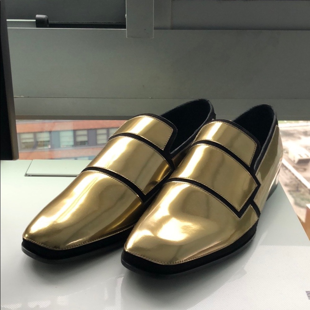 Dark Gold Mirror Leather And Black Suede Loafers